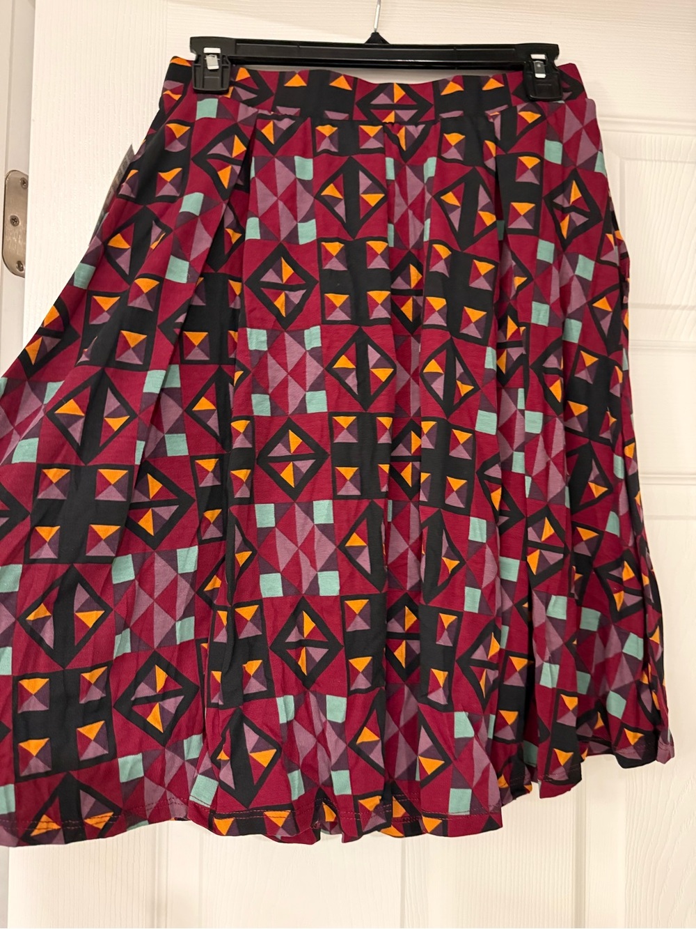 LuLaRoe Madison Burgundy Geometric Skirt with Teal & Orange Accents